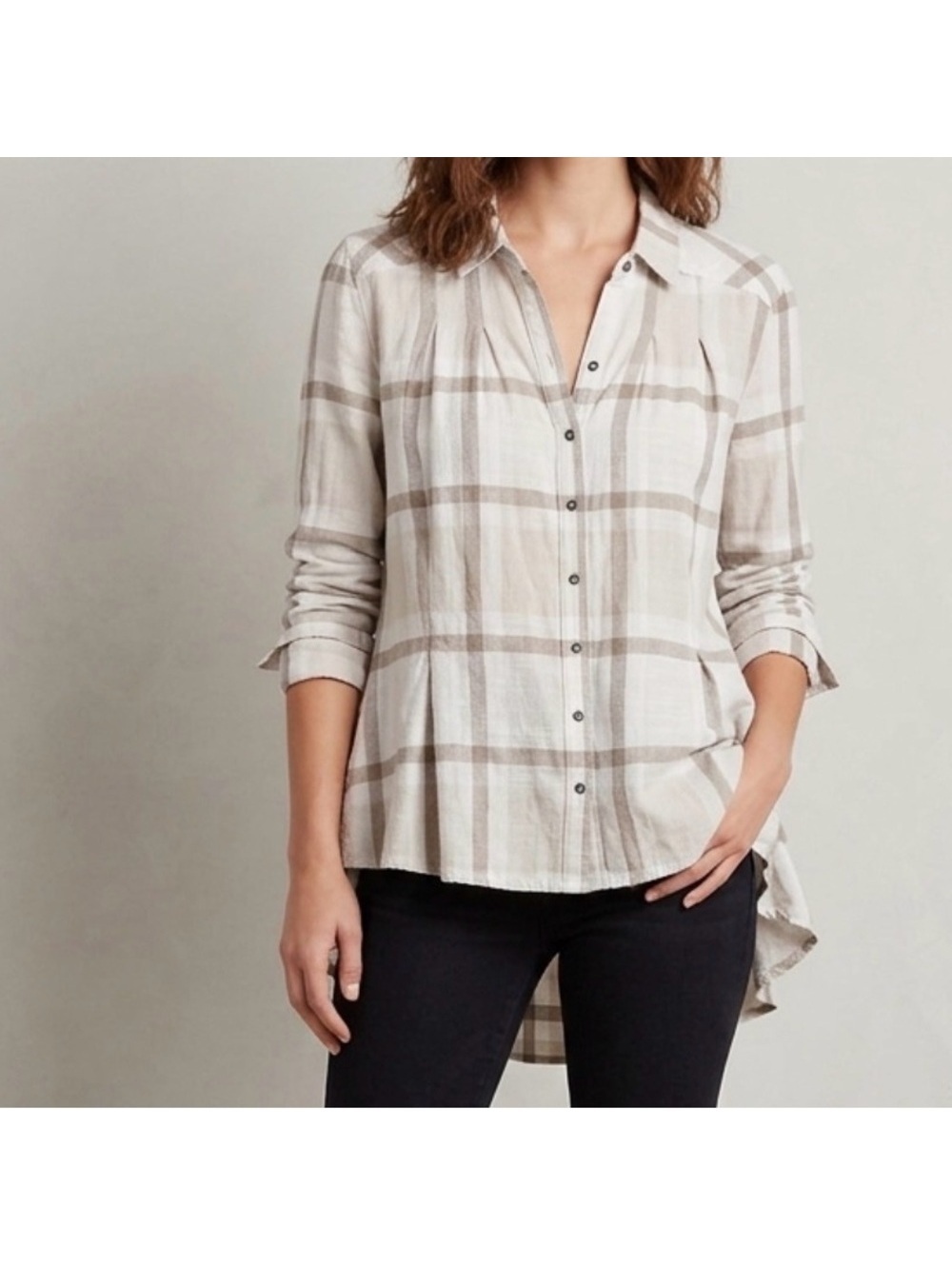 Free People Preppy in Plaid High Low Ruffle Back Flowy Button down size xs